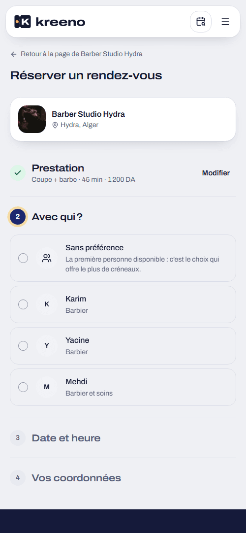 Le choix de la personne pendant la réservation, sur téléphone.